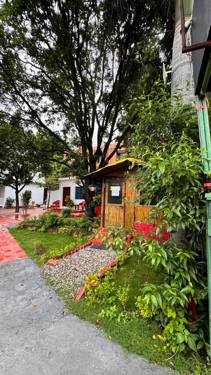 Landscaped garden pathway leading through the residential yoga campus in Tapovan, Rishikesh