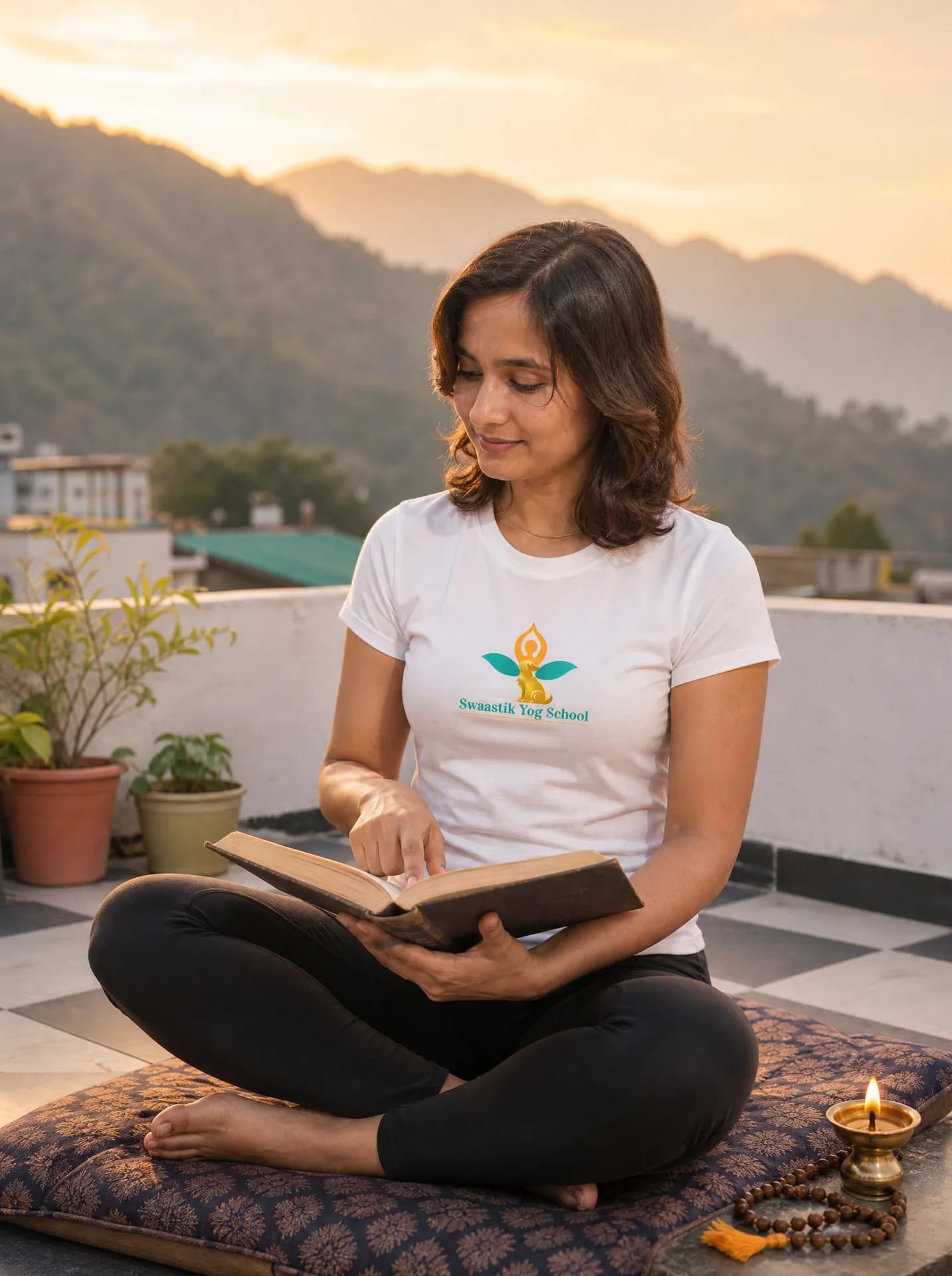 Student studying the Yoga Sutras of Patanjali on a rooftop during yoga philosophy class in Rishikesh