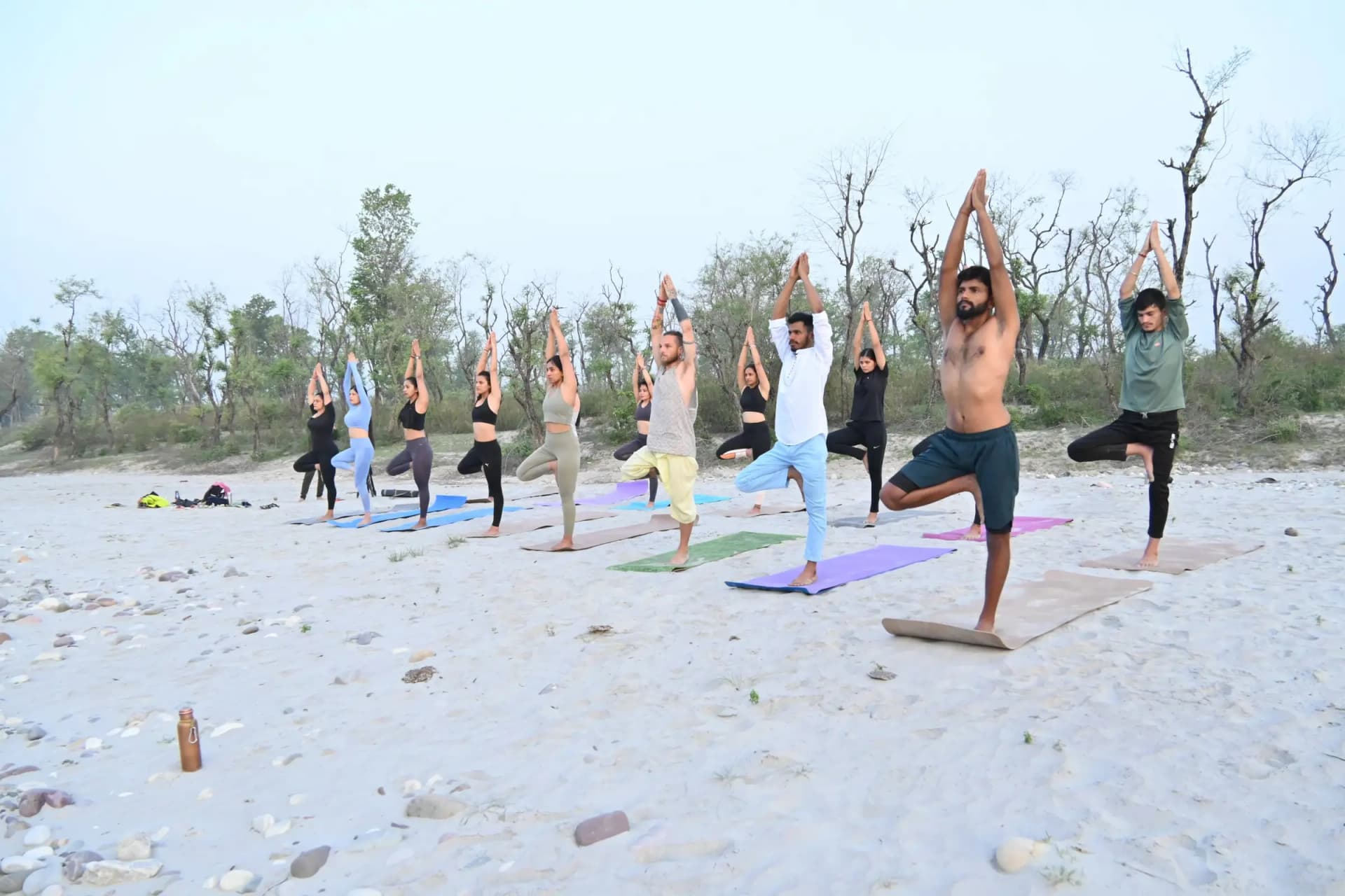 Yoga teacher training students holding Tree pose together on the Ganga beach in Rishikesh